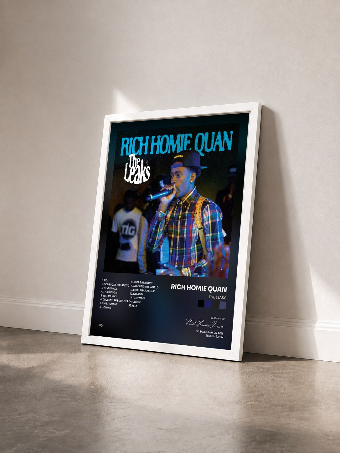 #blanc Tableau de l'album The Leaks de Rich Homie Quan vu de trois quarts, cadre blanc