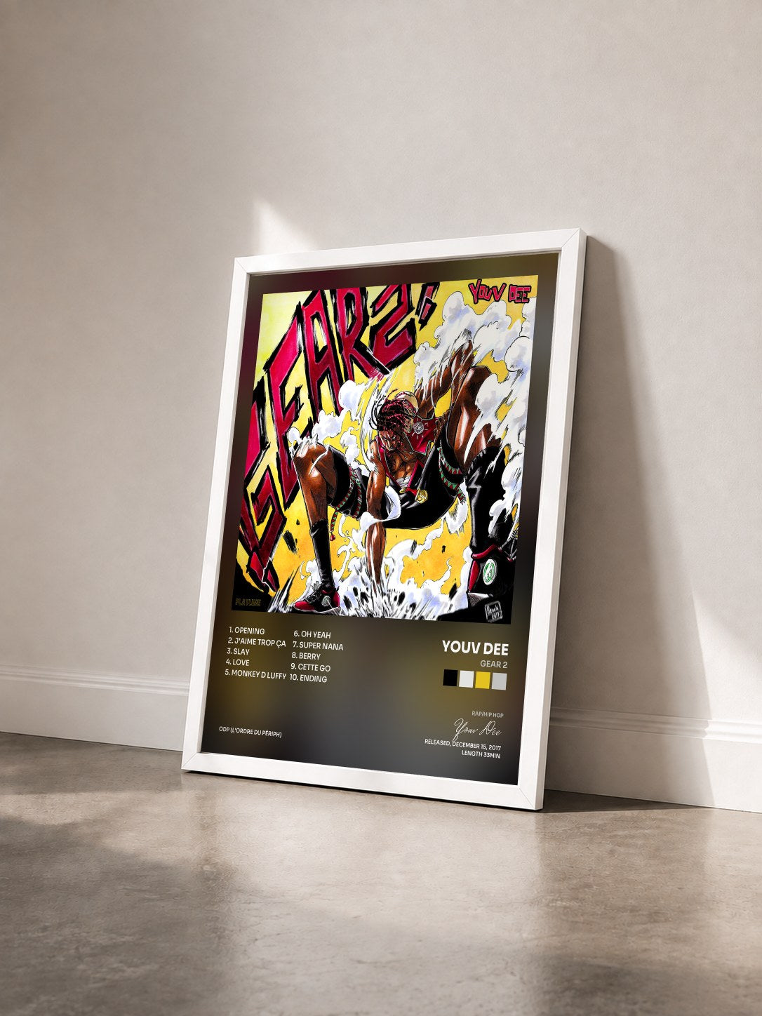 #blanc Tableau de l'album Gear 2 de Youv Dee vu de trois quarts, cadre blanc