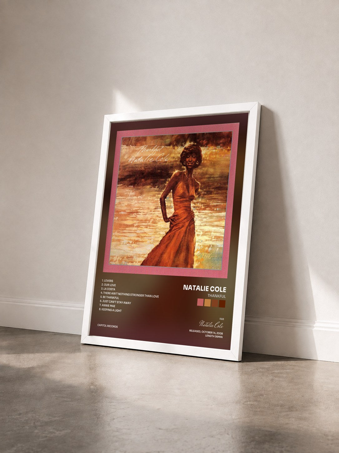 #blanc Tableau de l'album Thankful de Natalie Cole vu de trois quarts, cadre blanc