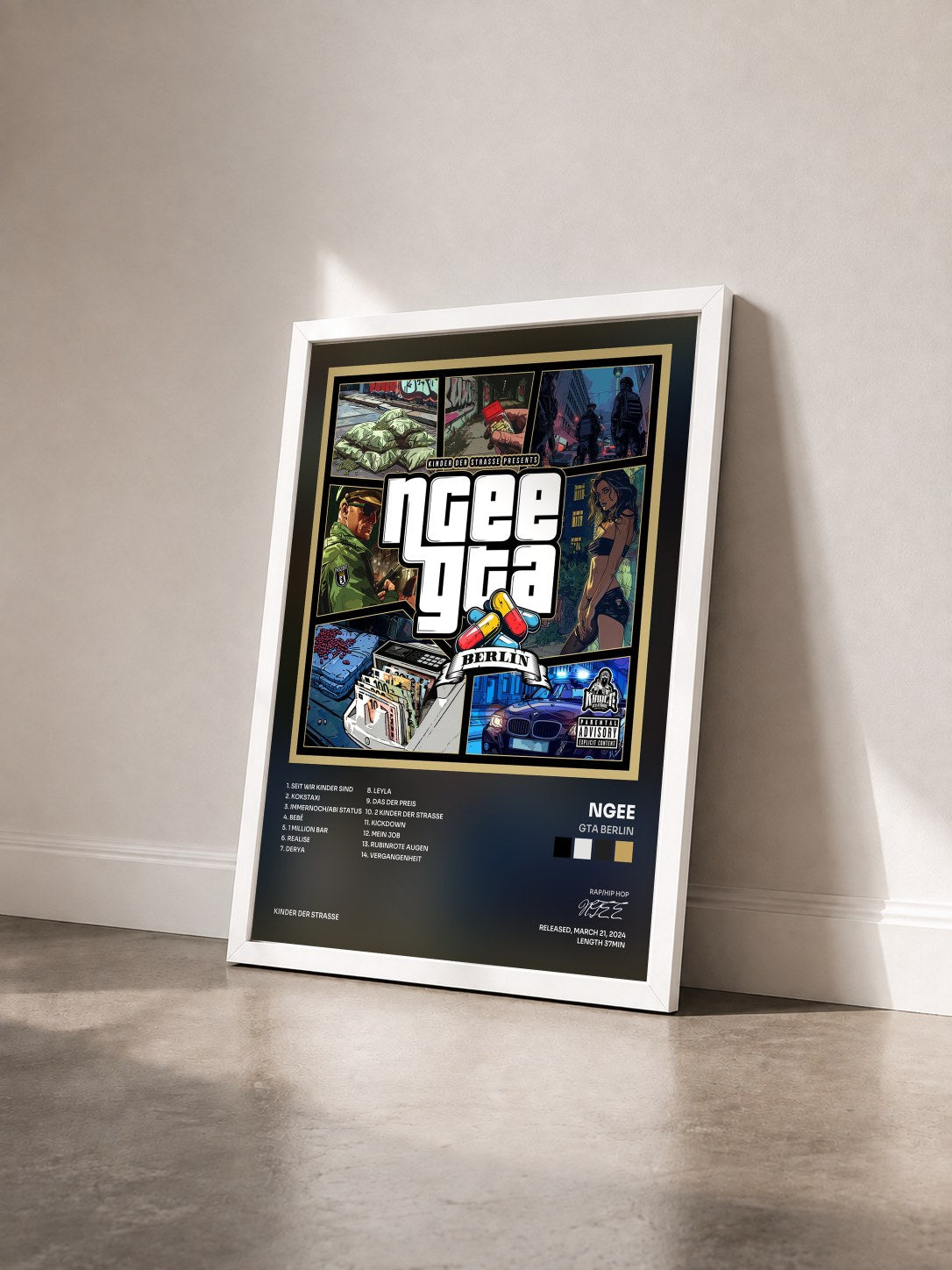 #blanc Tableau de l'album GTA BERLIN de NGEE vu de trois quarts, cadre blanc
