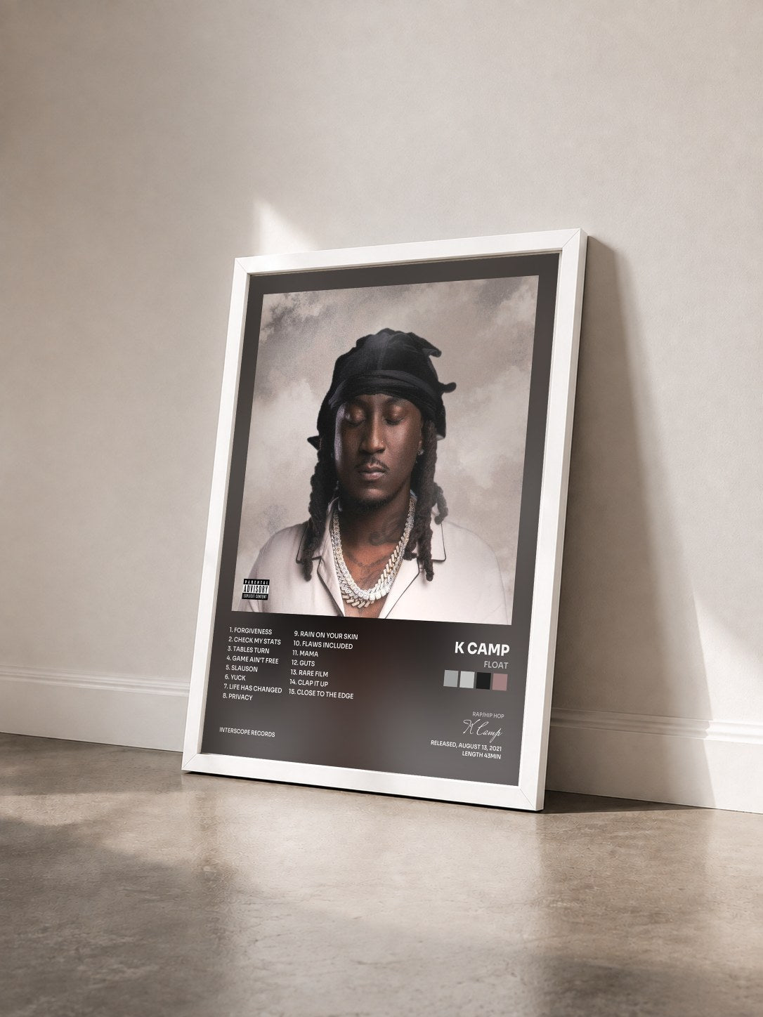 #blanc Tableau de l'album FLOAT de K Camp vu de trois quarts, cadre blanc