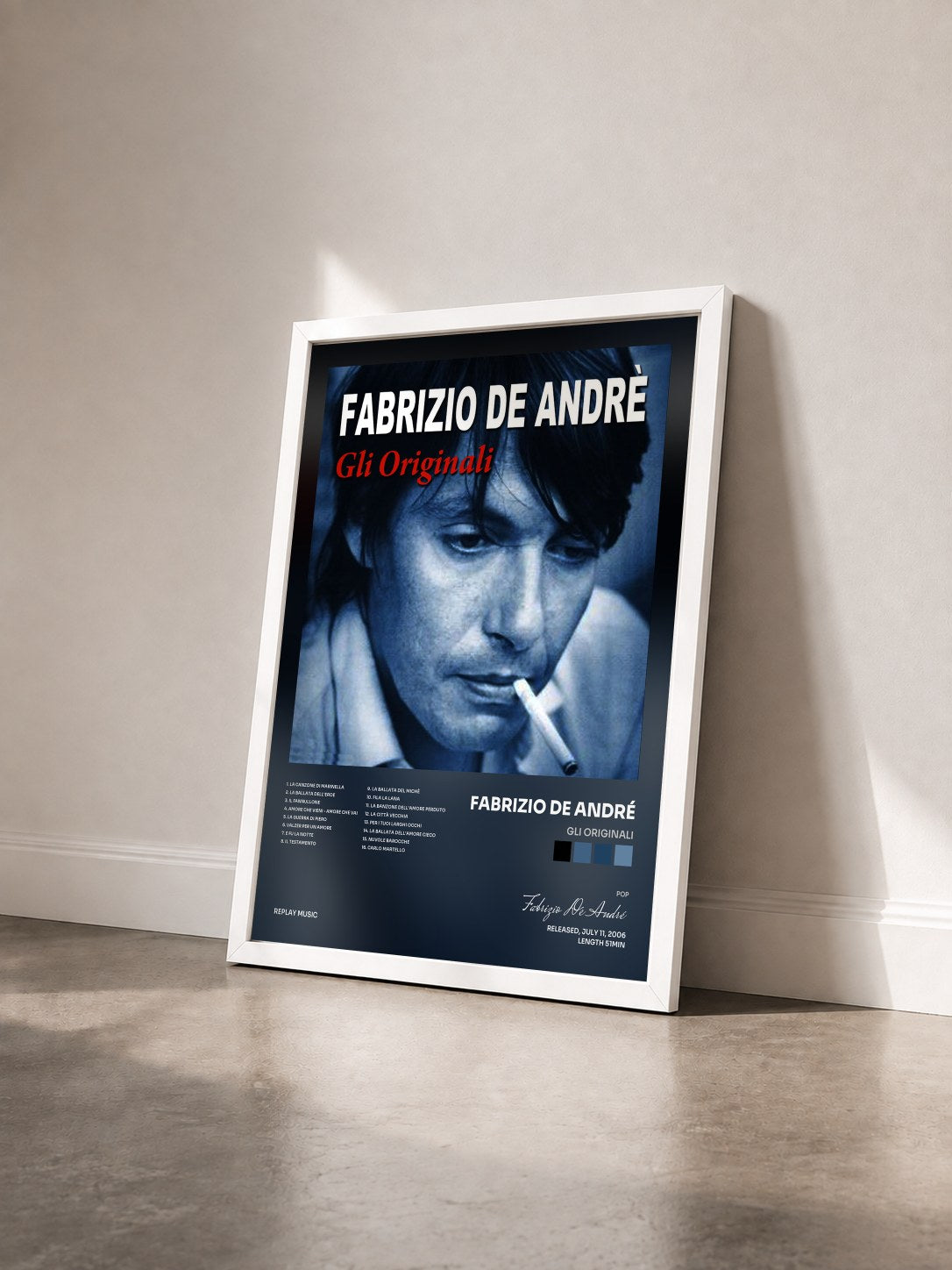 #blanc Tableau de l'album Gli originali de Fabrizio De André vu de trois quarts, cadre blanc