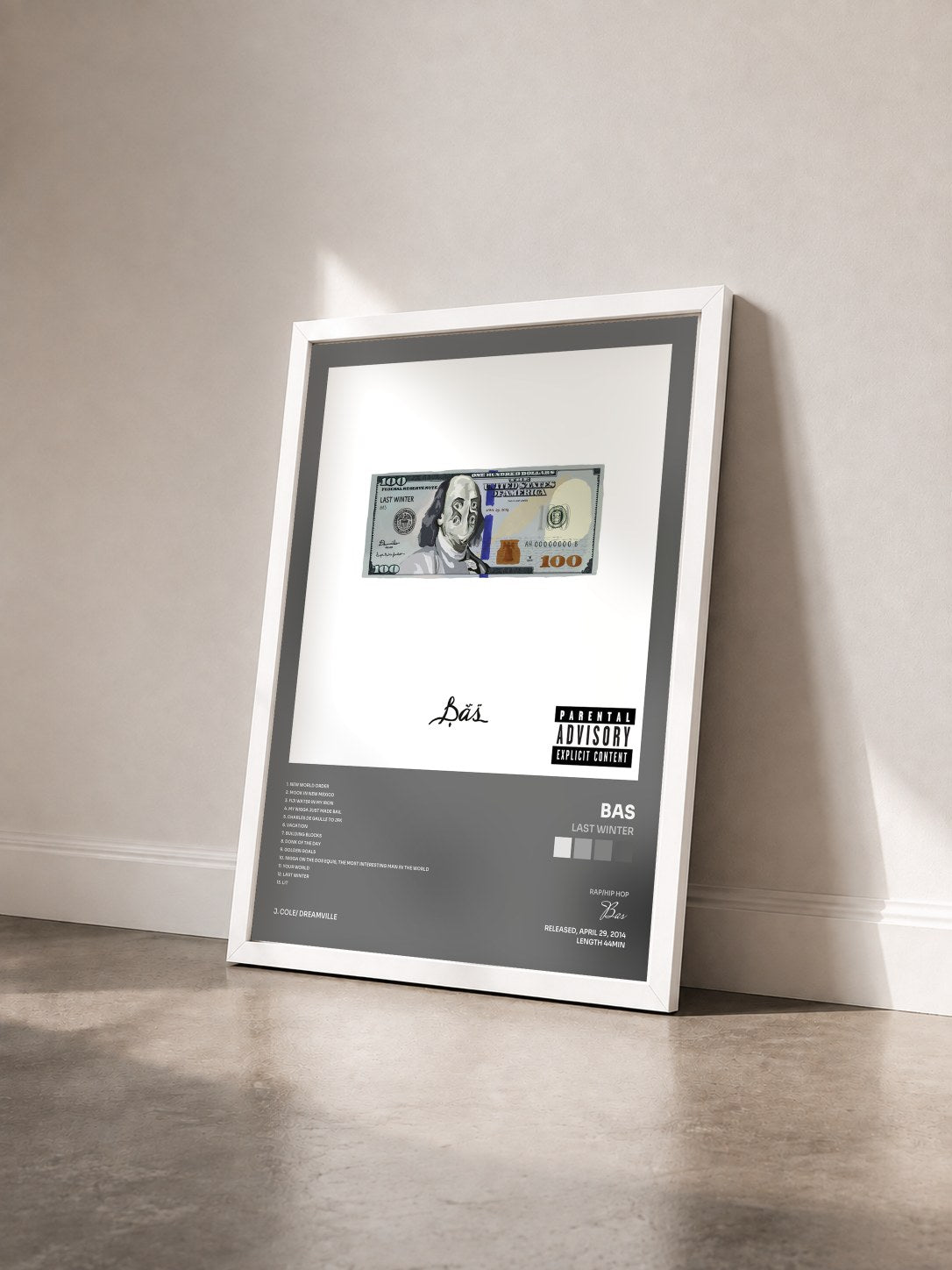 #blanc Tableau de l'album Last Winter de Bas vu de trois quarts, cadre blanc