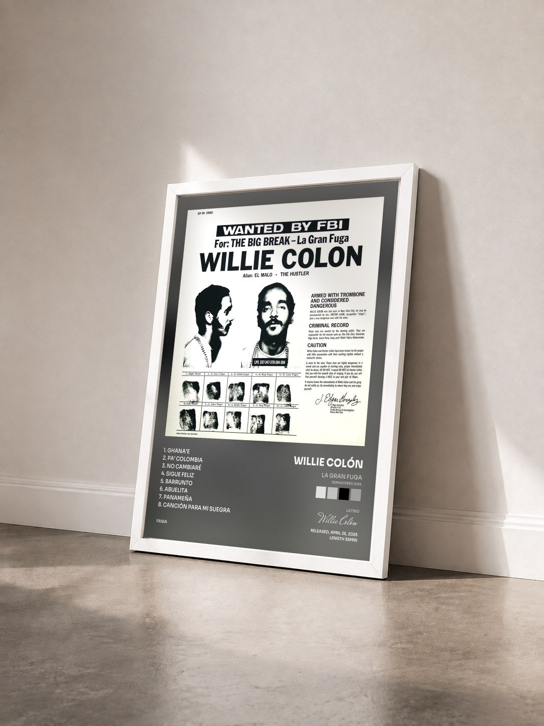 #blanc Tableau de l'album La Gran Fuga (Remastered 2024) de Willie Colón vu de trois quarts, cadre blanc
