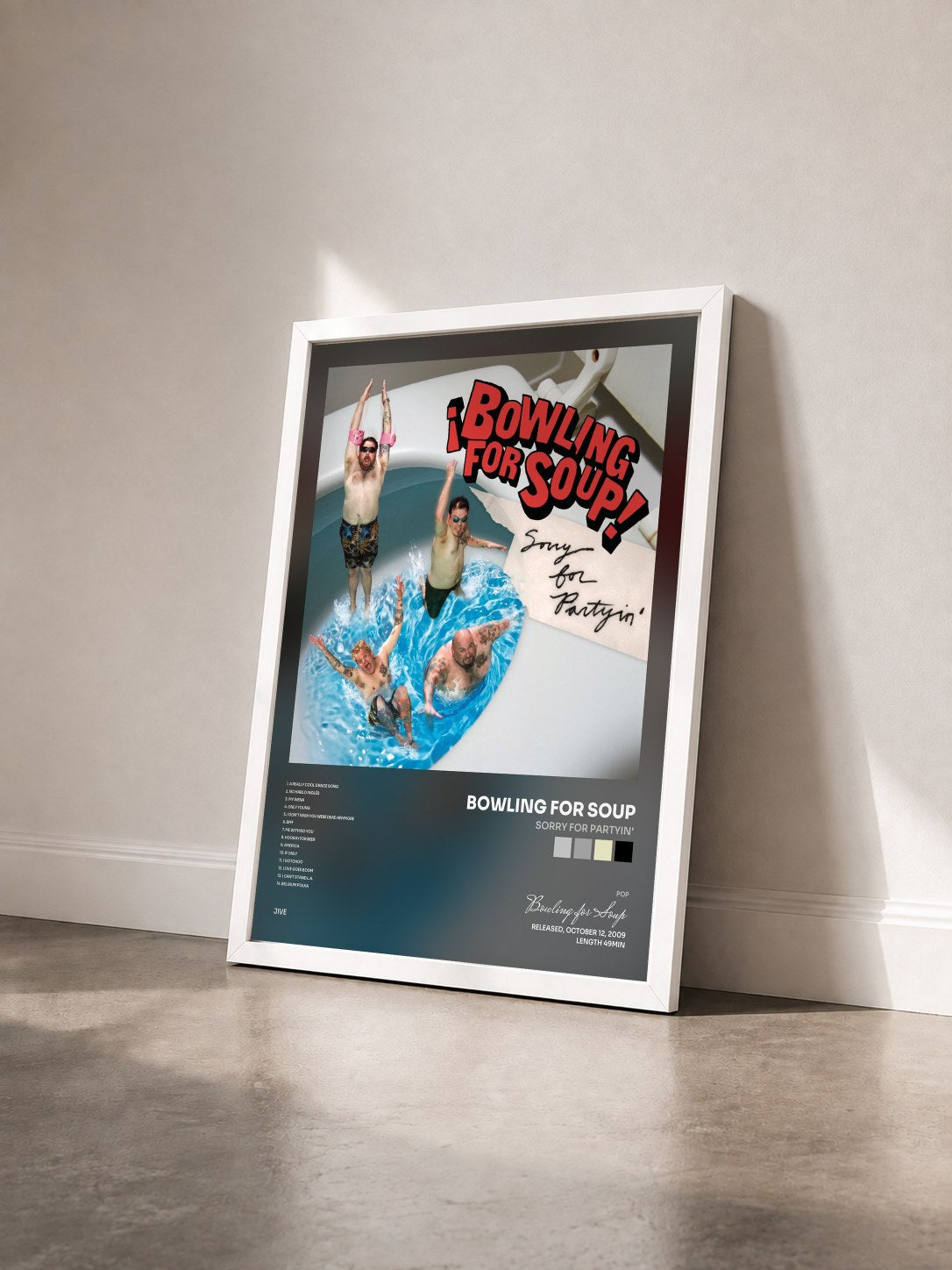 #blanc Tableau de l'album Sorry For Partyin' de Bowling for Soup vu de trois quarts, cadre blanc