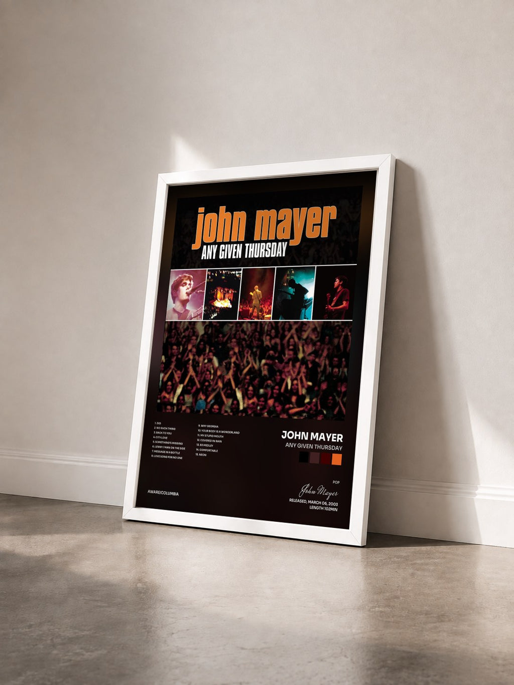 #blanc Tableau de l'album Any Given Thursday de John Mayer vu de trois quarts, cadre blanc