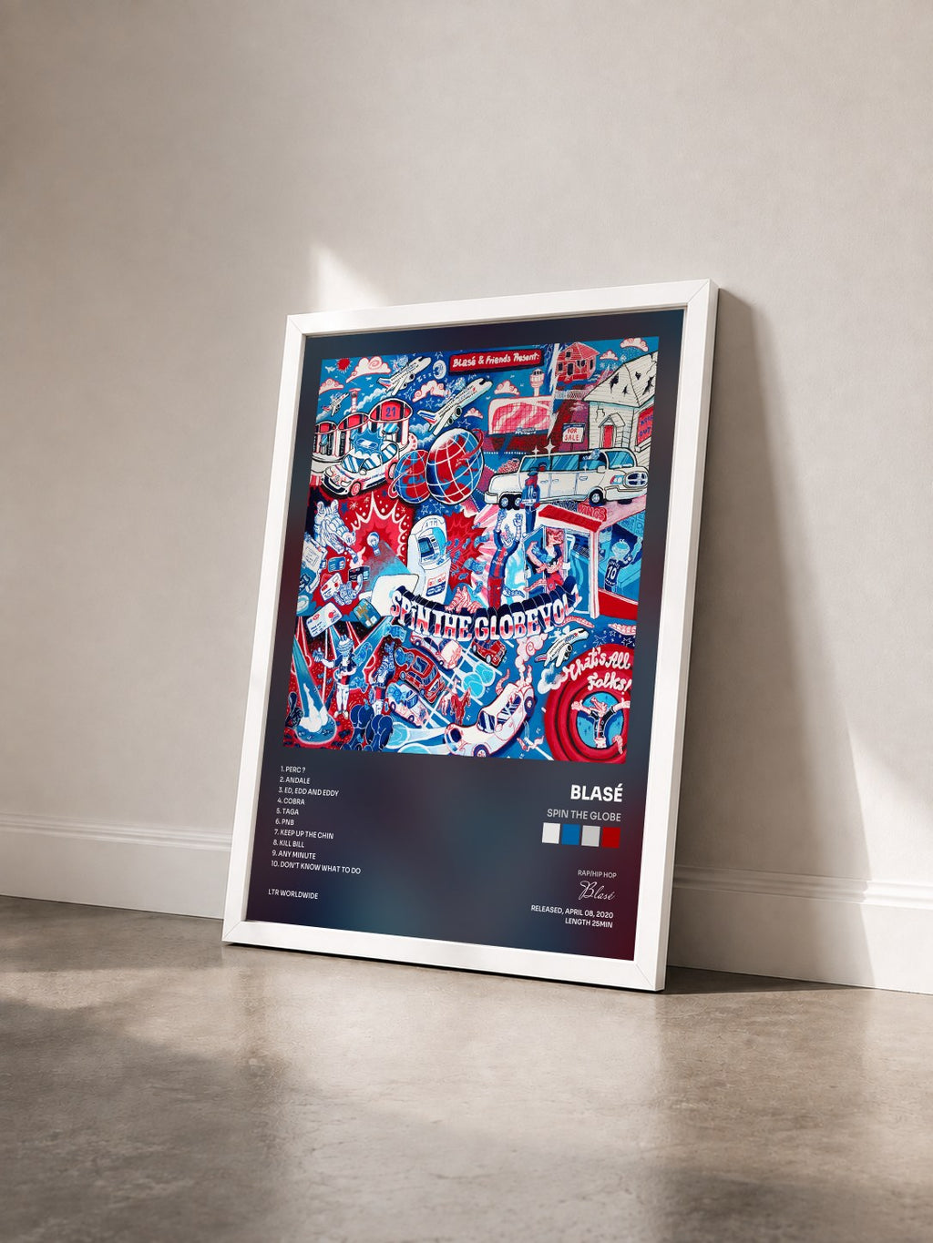 #blanc Spin the Globe by Blasé as a framed art print seen at an angle, white frame