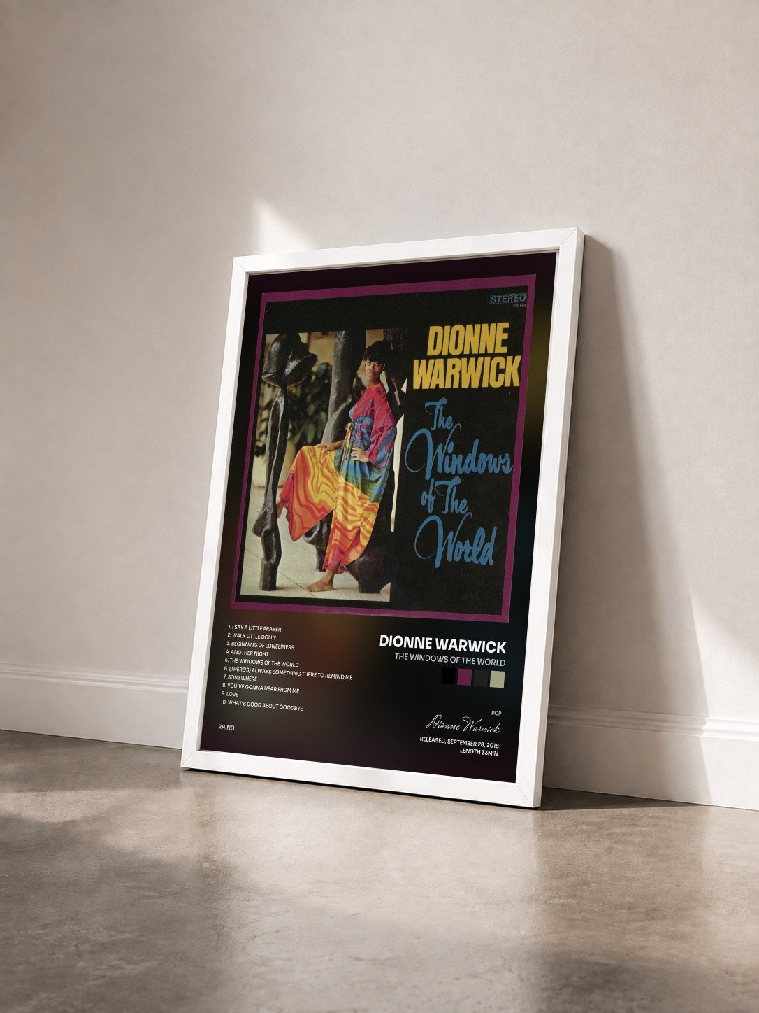 #blanc Tableau de l'album The Windows of the World de Dionne Warwick vu de trois quarts, cadre blanc