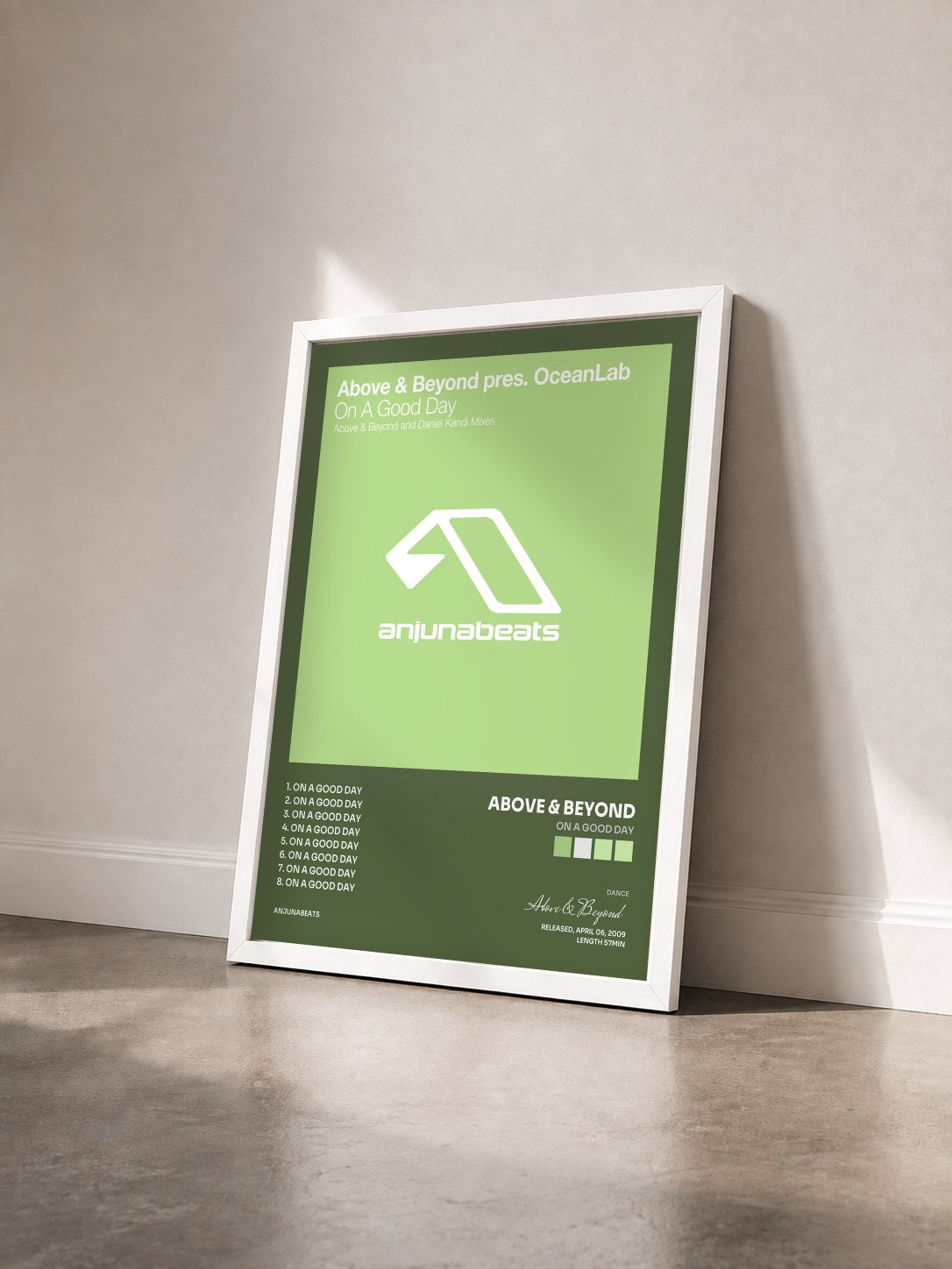 #blanc Tableau de l'album On A Good Day de Above & Beyond vu de trois quarts, cadre blanc