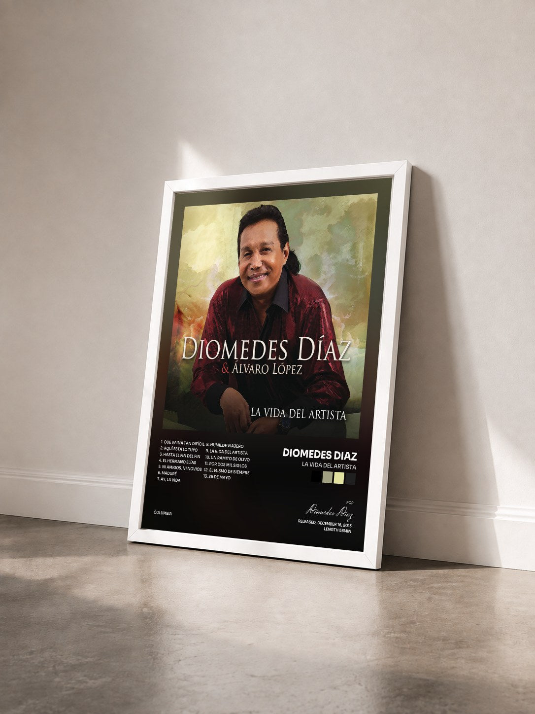 #blanc Tableau de l'album La Vida del Artista de Diomedes Diaz vu de trois quarts, cadre blanc