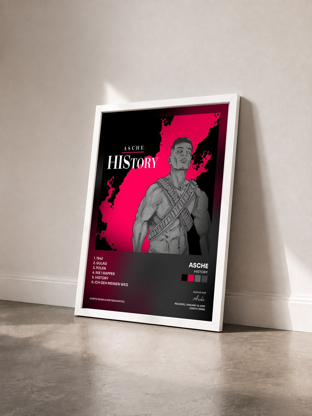 #blanc Tableau de l'album HIStory de Asche vu de trois quarts, cadre blanc