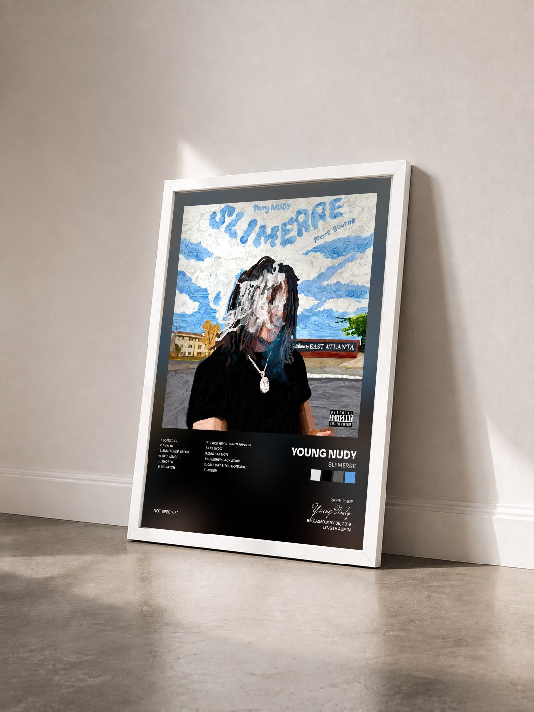 #blanc Tableau de l'album Sli'merre de Young Nudy vu de trois quarts, cadre blanc