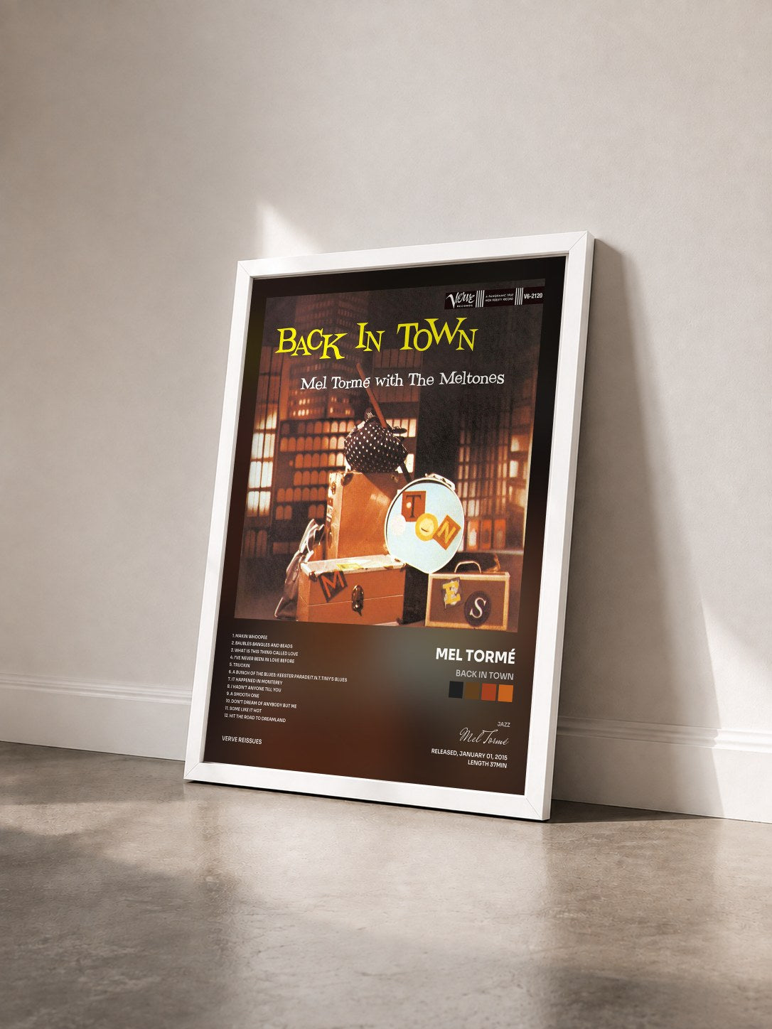 #blanc Tableau de l'album Back In Town de Mel Tormé vu de trois quarts, cadre blanc