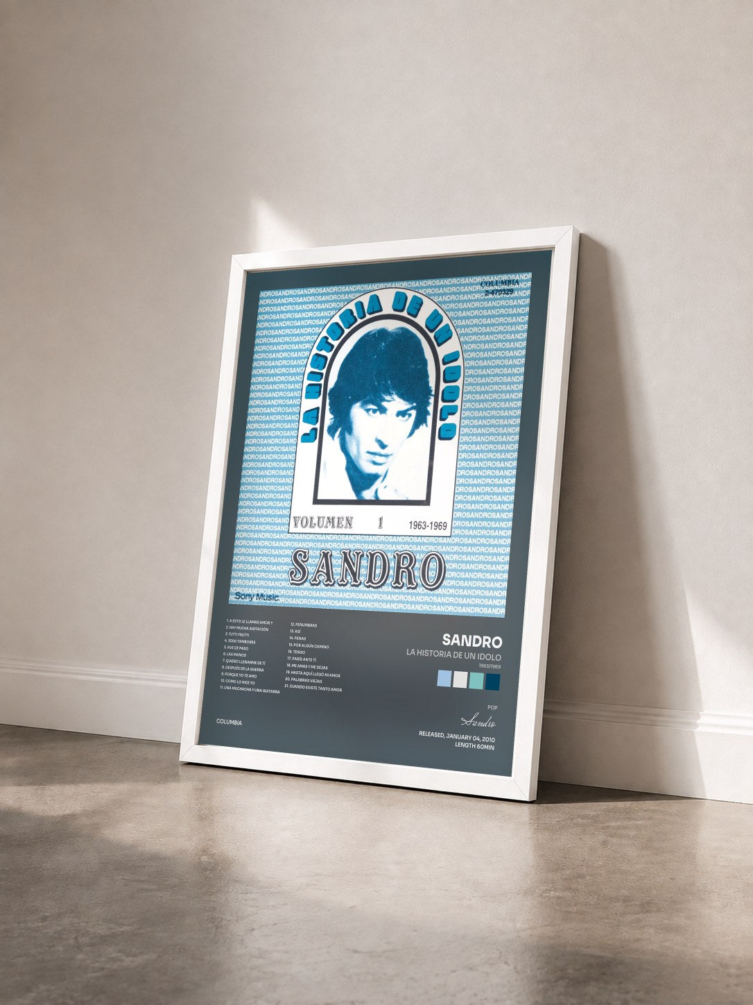 #blanc Tableau de l'album La Historia De Un Idolo (1963/1969) Vol. 1 de Sandro vu de trois quarts, cadre blanc