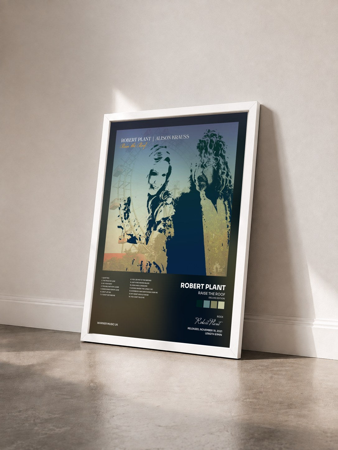 #blanc Tableau de l'album Raise The Roof (Deluxe Edition) de Robert Plant vu de trois quarts, cadre blanc