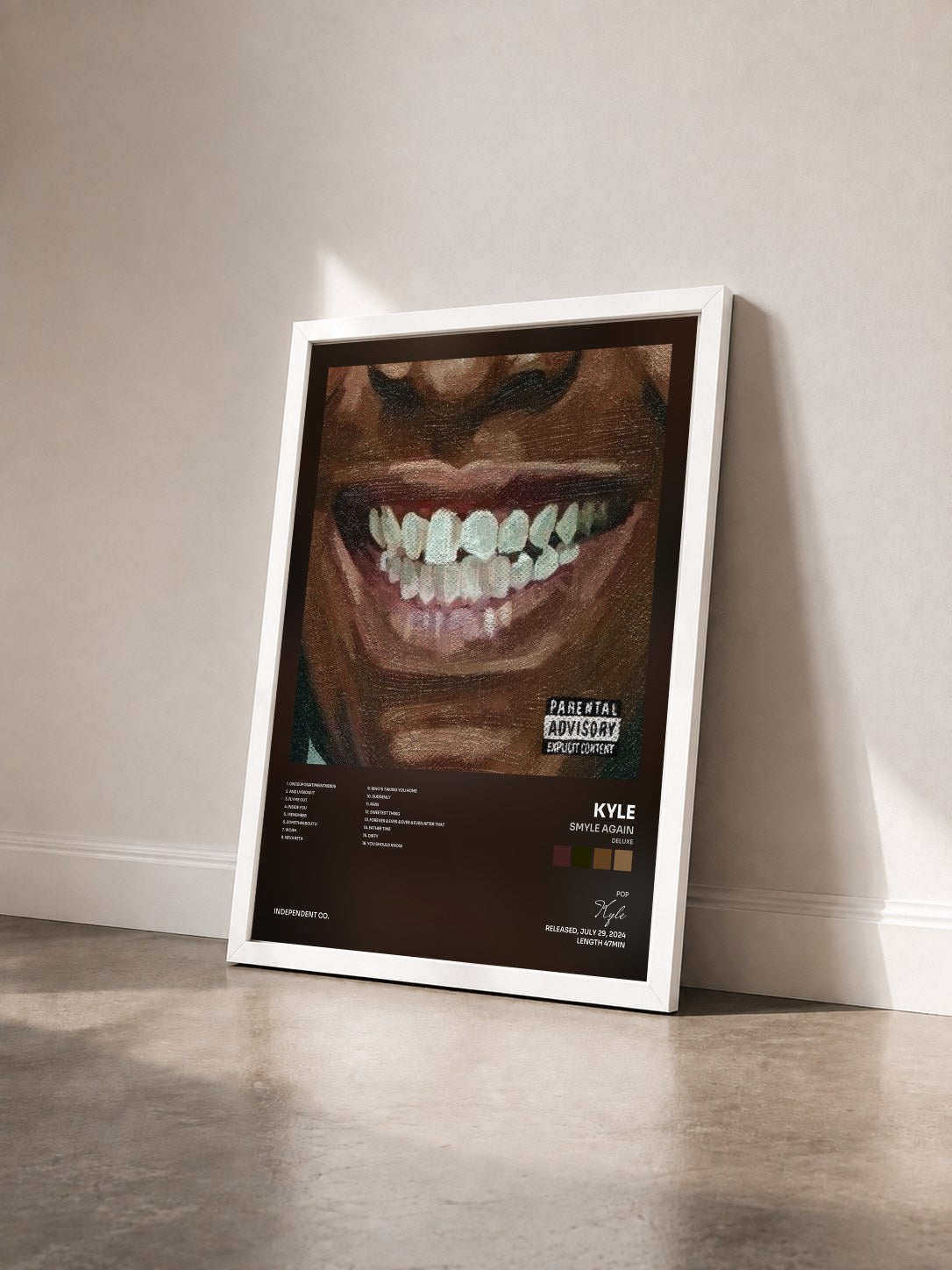 #blanc Tableau de l'album SMYLE AGAIN (Deluxe) de Kyle vu de trois quarts, cadre blanc