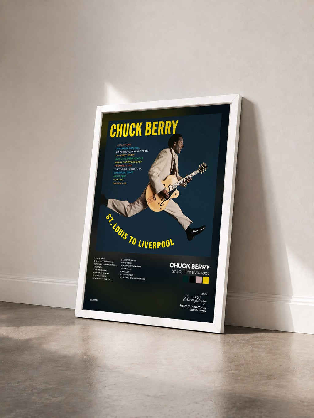 #blanc Tableau de l'album St. Louis To Liverpool de Chuck Berry vu de trois quarts, cadre blanc