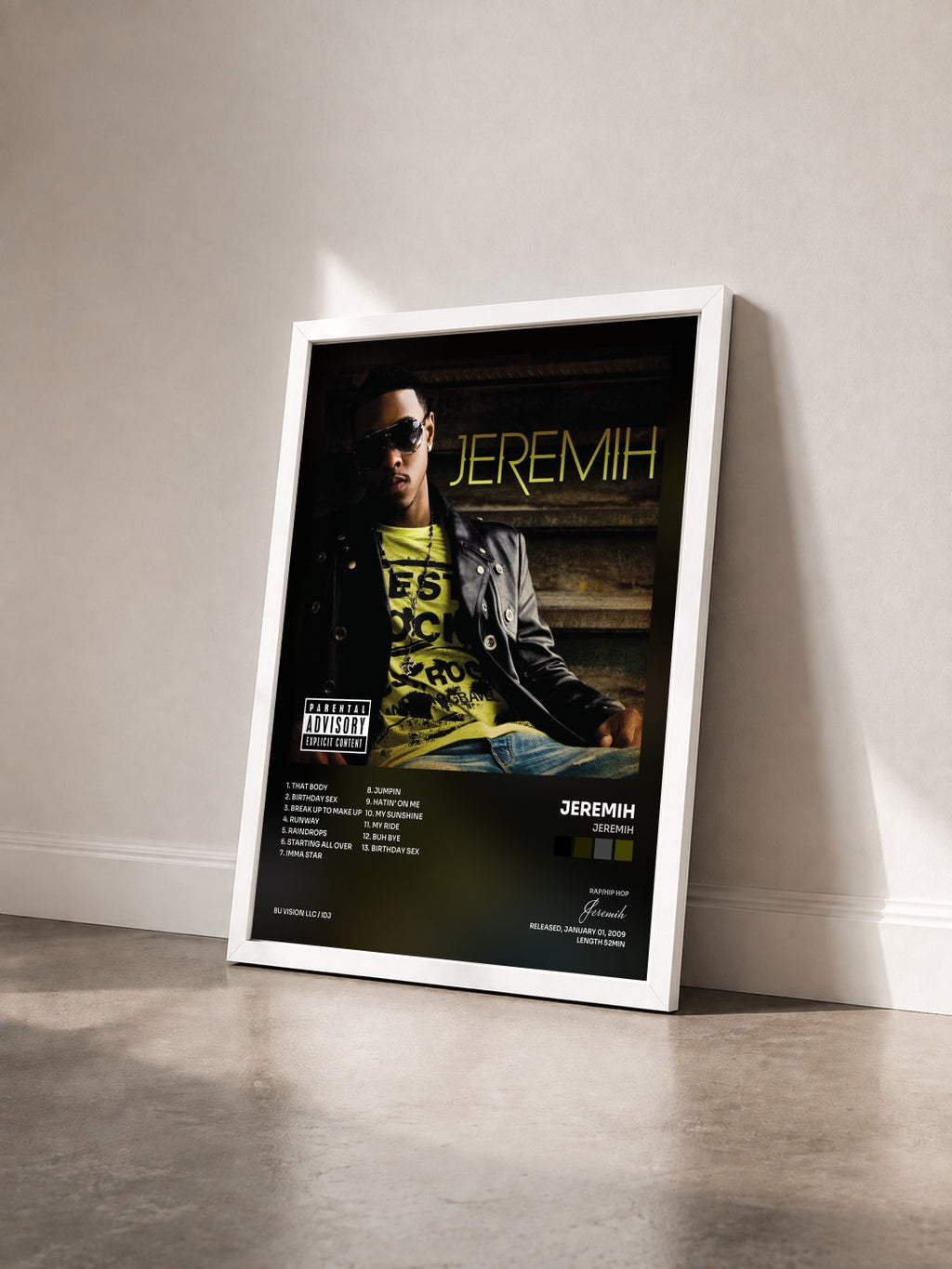 #blanc Tableau de l'album Jeremih de Jeremih vu de trois quarts, cadre blanc