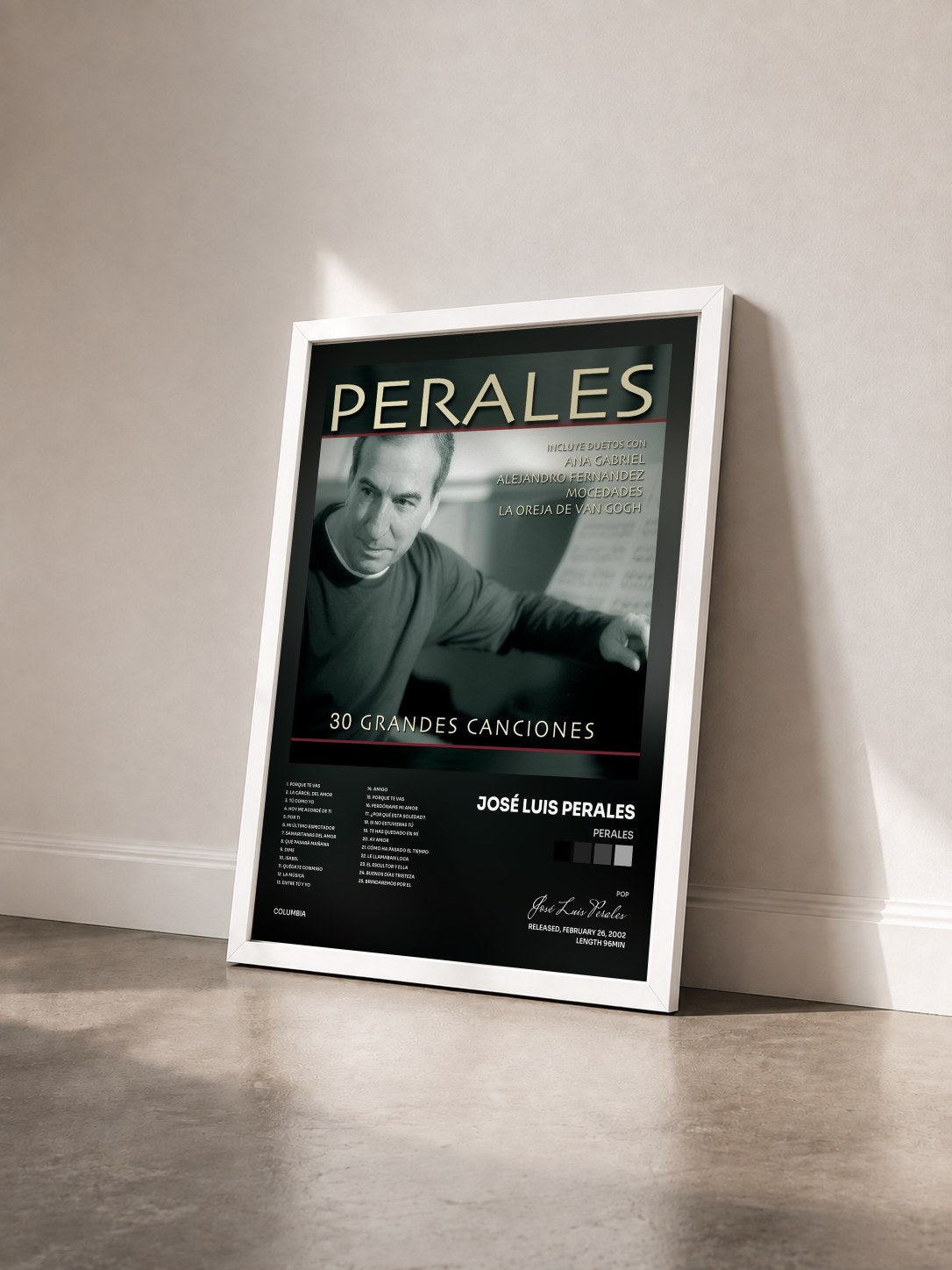 #blanc Tableau de l'album Perales de José Luis Perales vu de trois quarts, cadre blanc