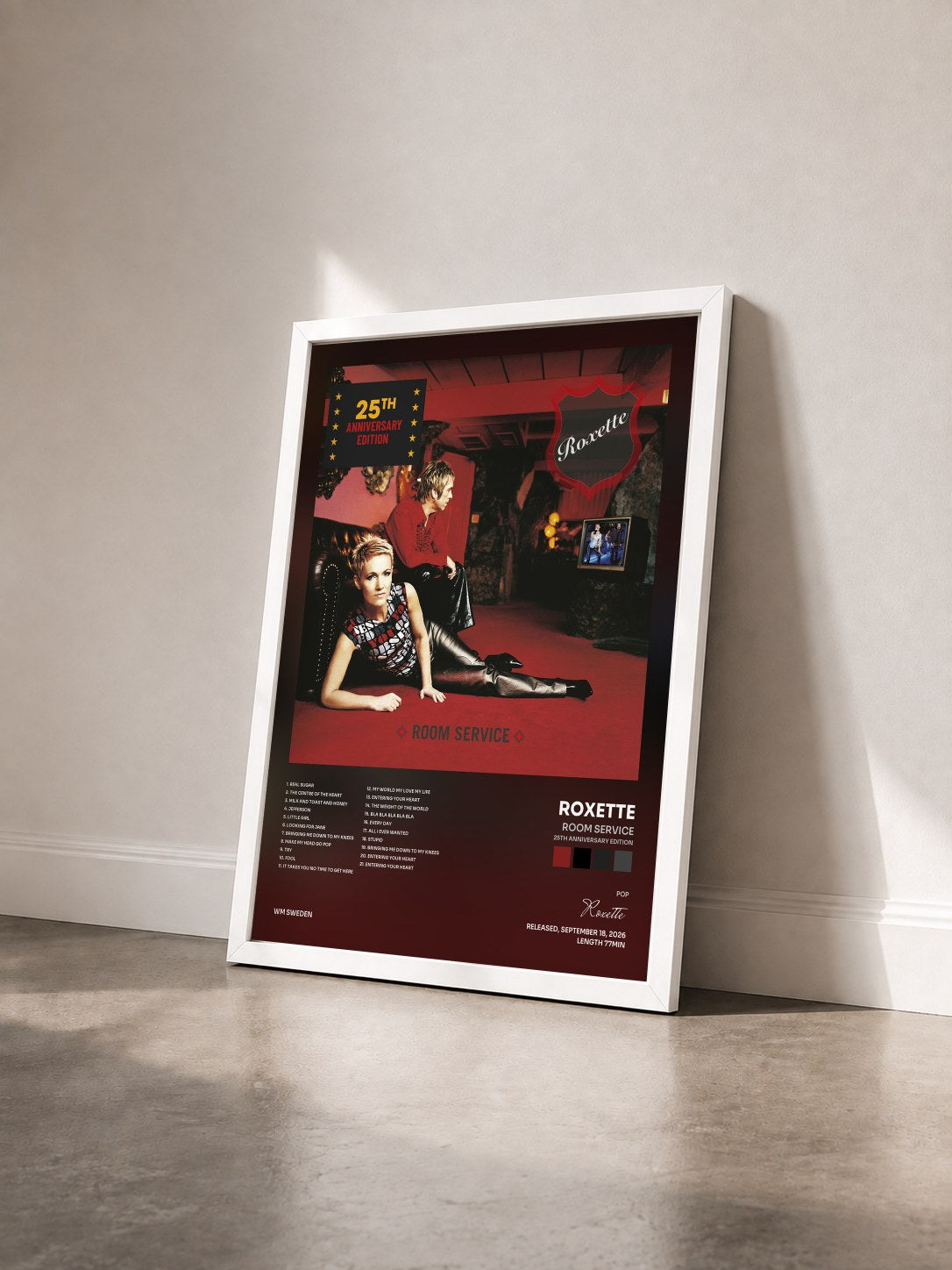#blanc Tableau de l'album Room Service (25th Anniversary Edition) de Roxette vu de trois quarts, cadre blanc