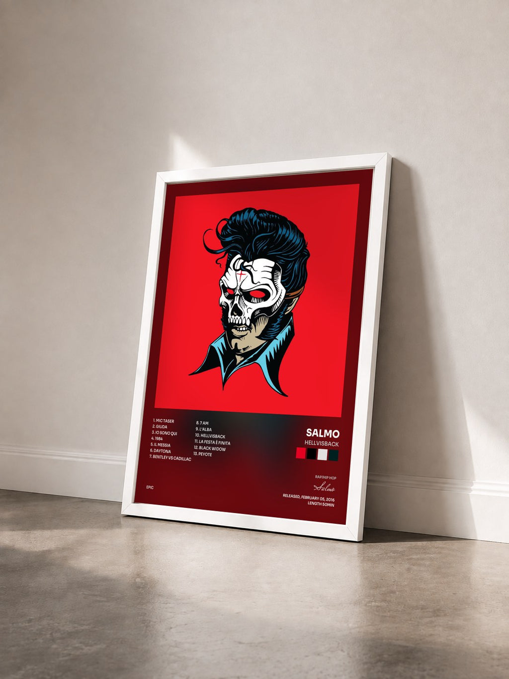 #blanc Tableau de l'album Hellvisback de Salmo vu de trois quarts, cadre blanc