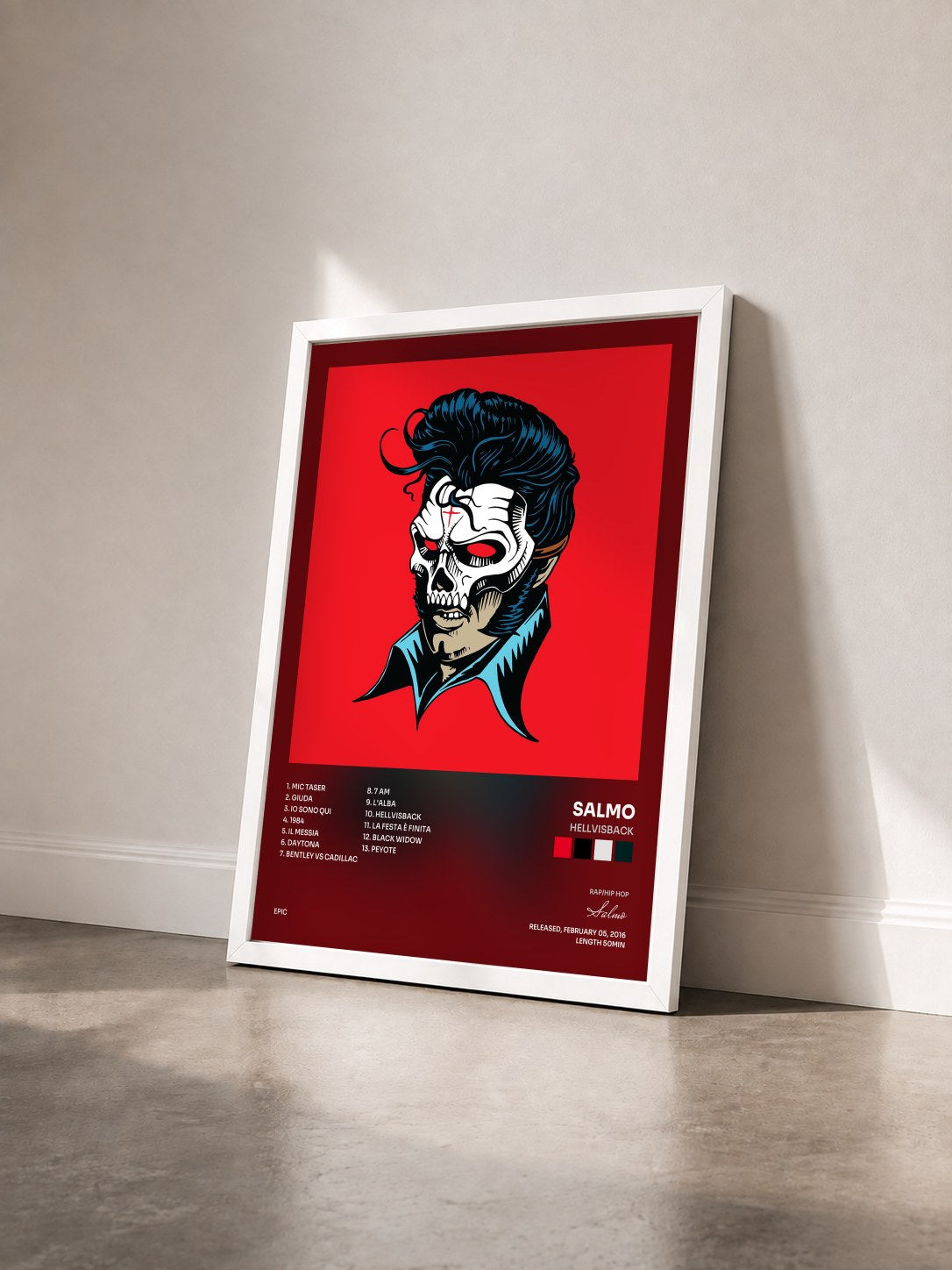 #blanc Tableau de l'album Hellvisback de Salmo vu de trois quarts, cadre blanc