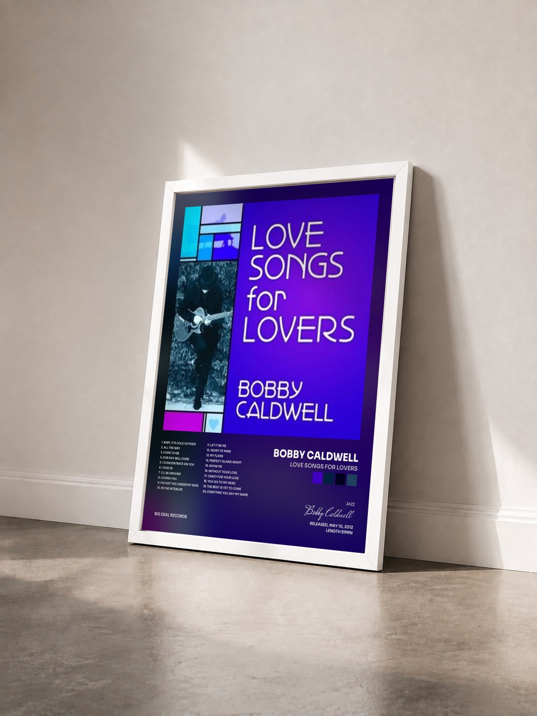 #blanc Tableau de l'album Love Songs for Lovers de Bobby Caldwell vu de trois quarts, cadre blanc