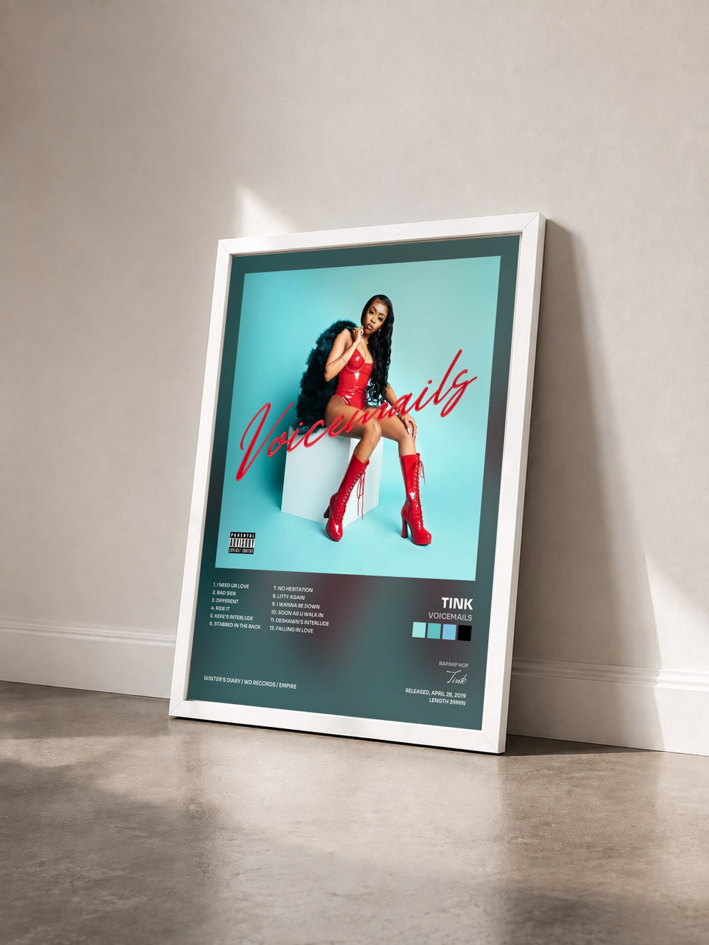 #blanc Tableau de l'album Voicemails de Tink vu de trois quarts, cadre blanc