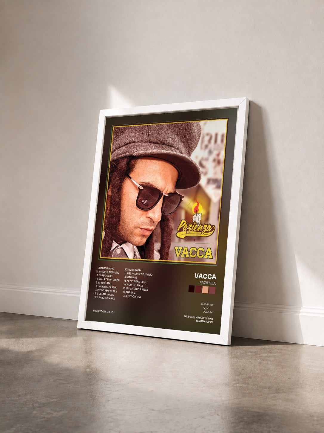 #blanc Tableau de l'album Pazienza de Vacca vu de trois quarts, cadre blanc