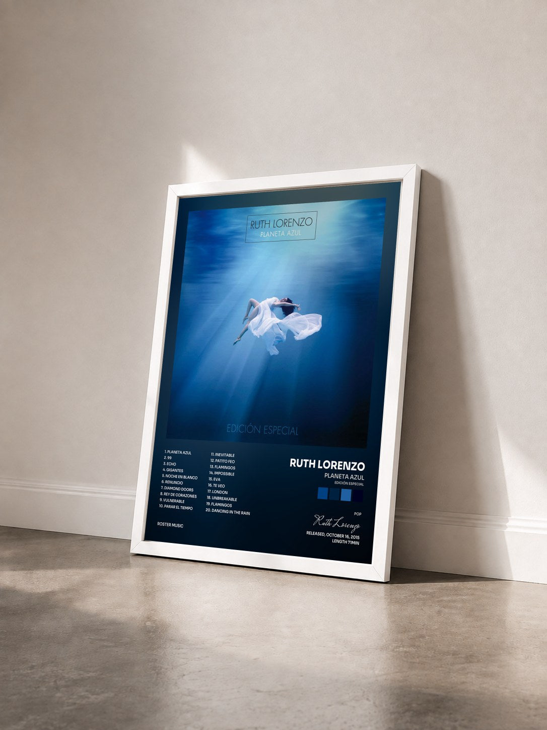 #blanc Tableau de l'album Planeta Azul (Edición Especial) de Ruth Lorenzo vu de trois quarts, cadre blanc