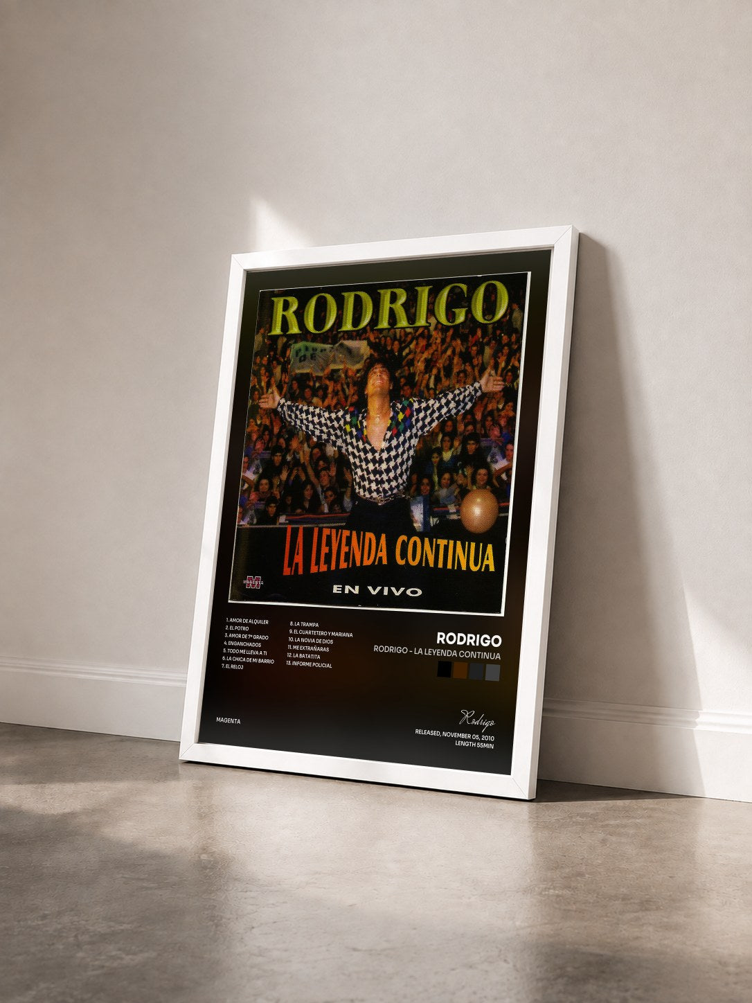 #blanc Tableau de l'album Rodrigo - La leyenda continua de Rodrigo vu de trois quarts, cadre blanc