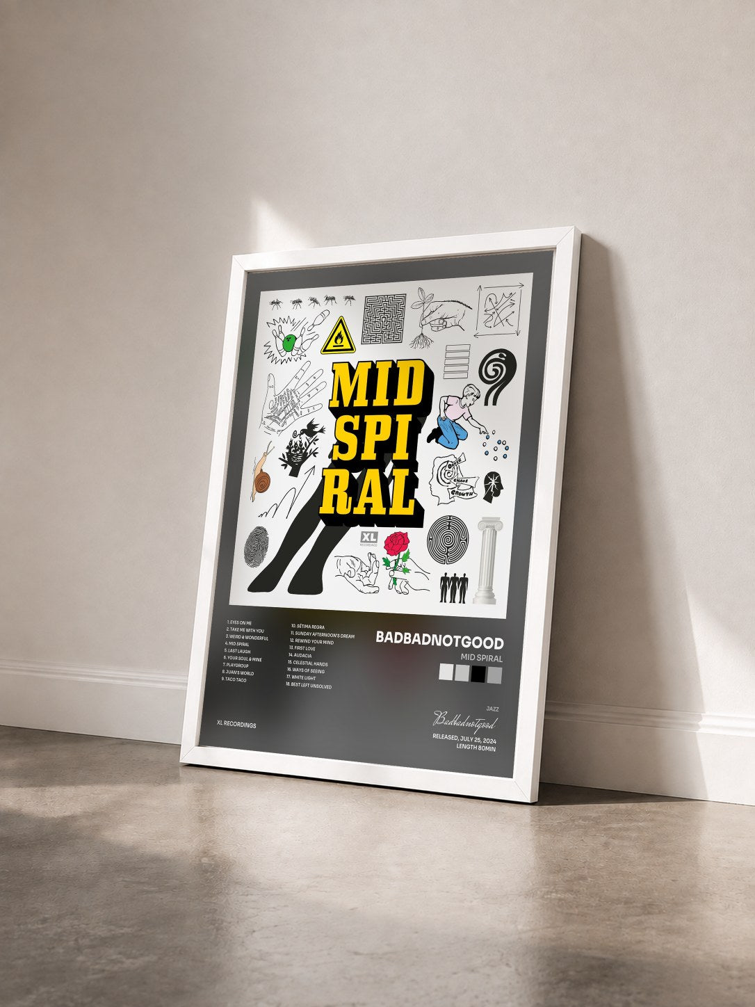 #blanc Tableau de l'album Mid Spiral de Badbadnotgood vu de trois quarts, cadre blanc