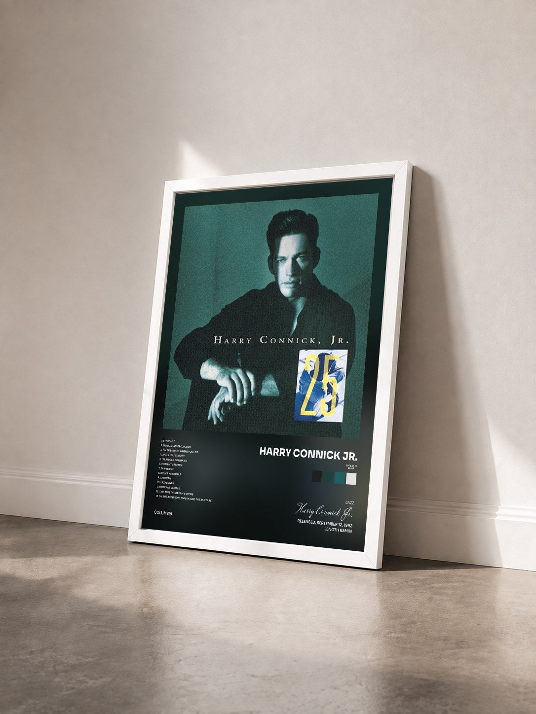 #blanc Tableau de l'album "25" de Harry Connick Jr. vu de trois quarts, cadre blanc