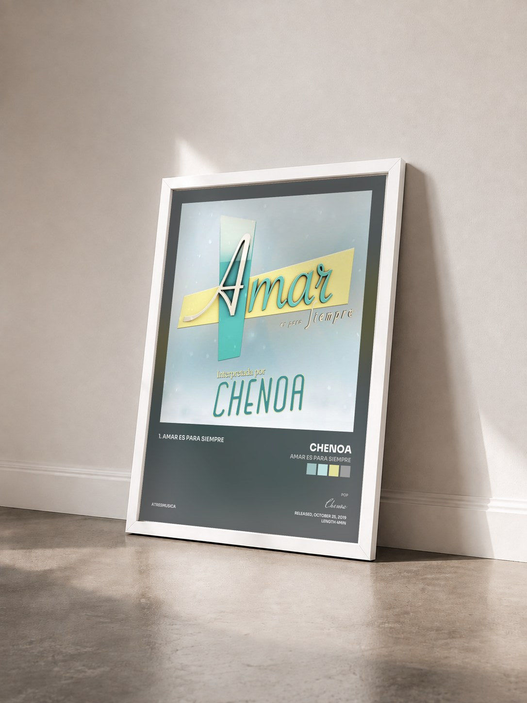 #blanc Tableau de l'album Amar Es para Siempre de Chenoa vu de trois quarts, cadre blanc