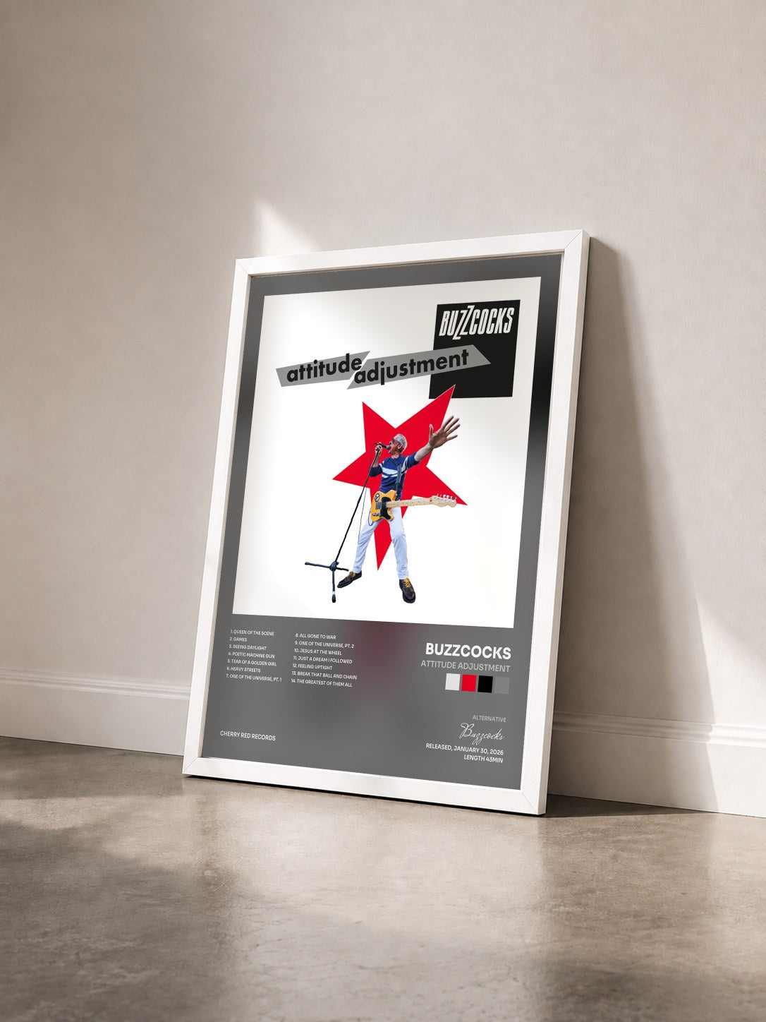 #blanc Tableau de l'album Attitude Adjustment de Buzzcocks vu de trois quarts, cadre blanc