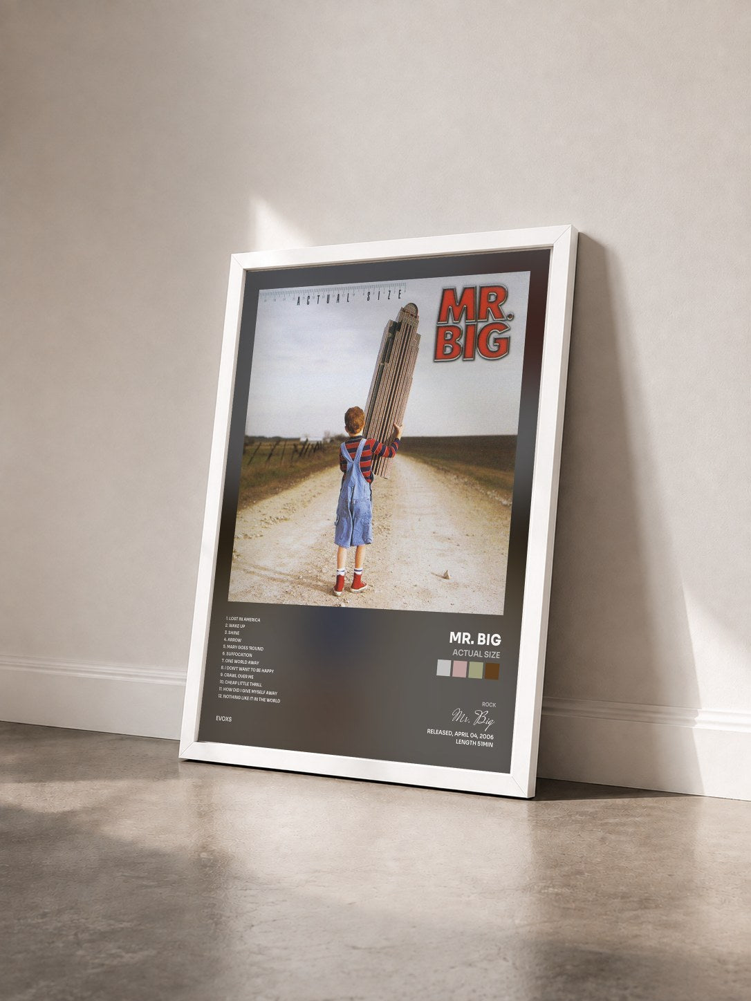 #blanc Tableau de l'album Actual Size de Mr. Big vu de trois quarts, cadre blanc