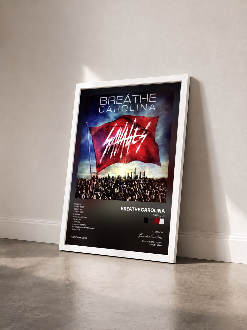 #blanc Tableau de l'album Savages de Breathe Carolina vu de trois quarts, cadre blanc