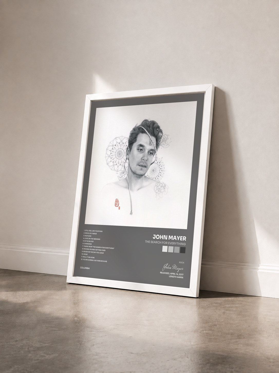 #blanc Tableau de l'album The Search for Everything de John Mayer vu de trois quarts, cadre blanc