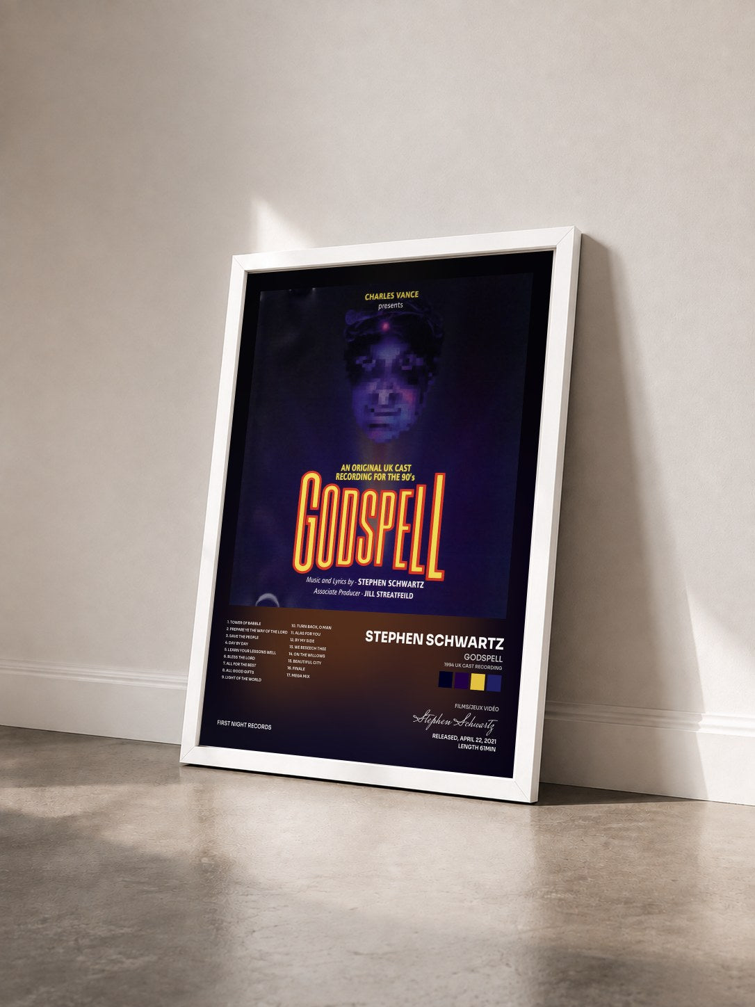 #blanc Tableau de l'album Godspell (1994 UK Cast Recording) de Stephen Schwartz vu de trois quarts, cadre blanc