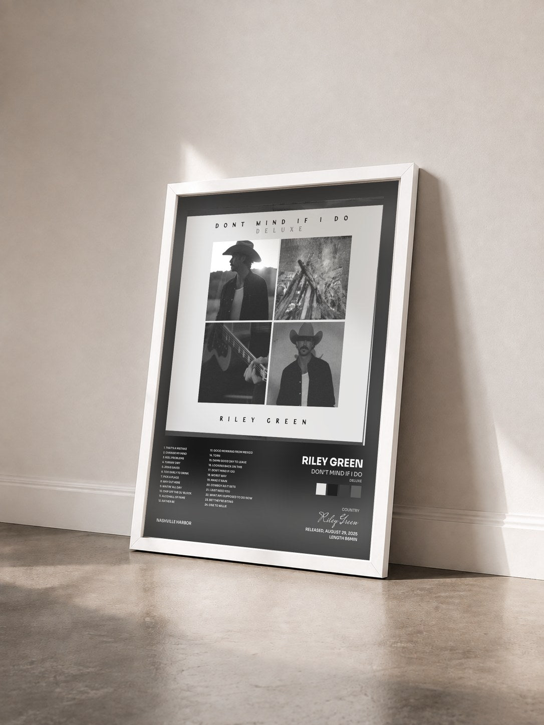 #blanc Tableau de l'album Don't Mind If I Do (Deluxe) de Riley Green vu de trois quarts, cadre blanc