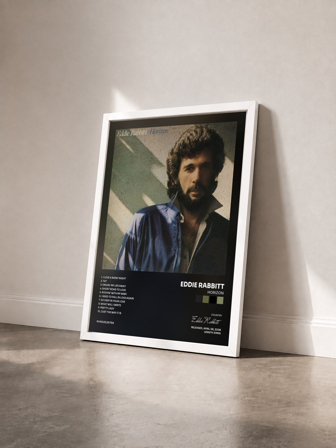 #blanc Tableau de l'album Horizon de Eddie Rabbitt vu de trois quarts, cadre blanc