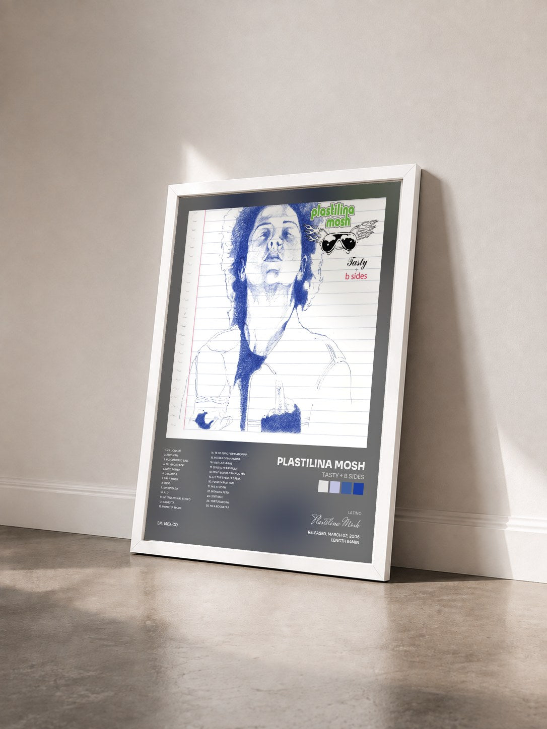 #blanc Tableau de l'album Tasty + B Sides de Plastilina Mosh vu de trois quarts, cadre blanc