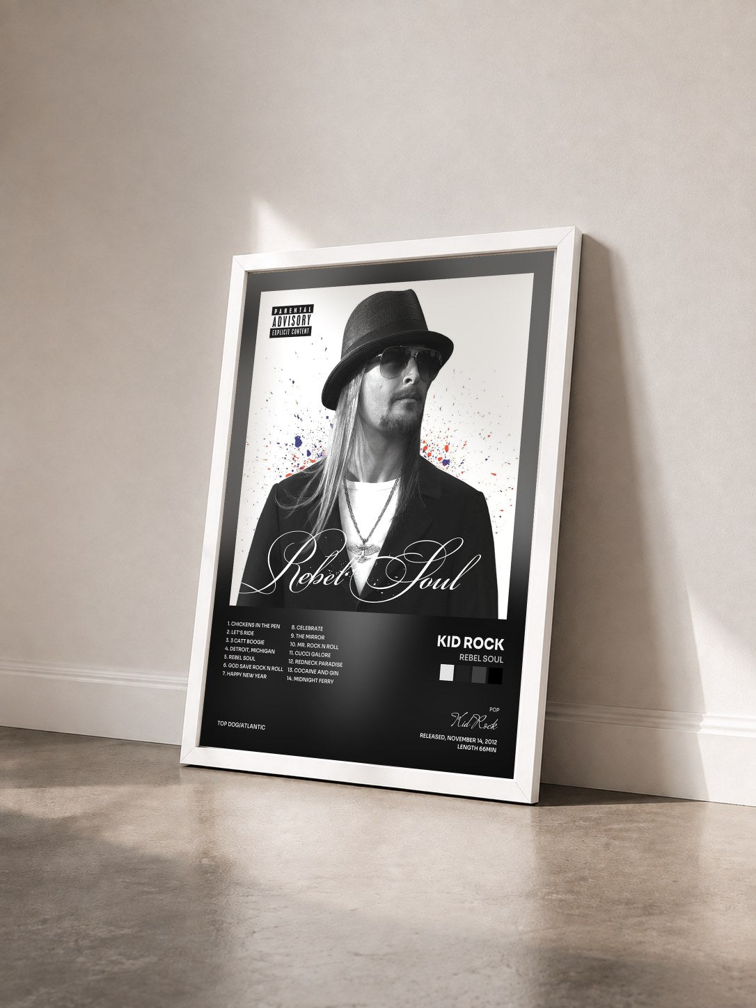 #blanc Tableau de l'album Rebel Soul de Kid Rock vu de trois quarts, cadre blanc