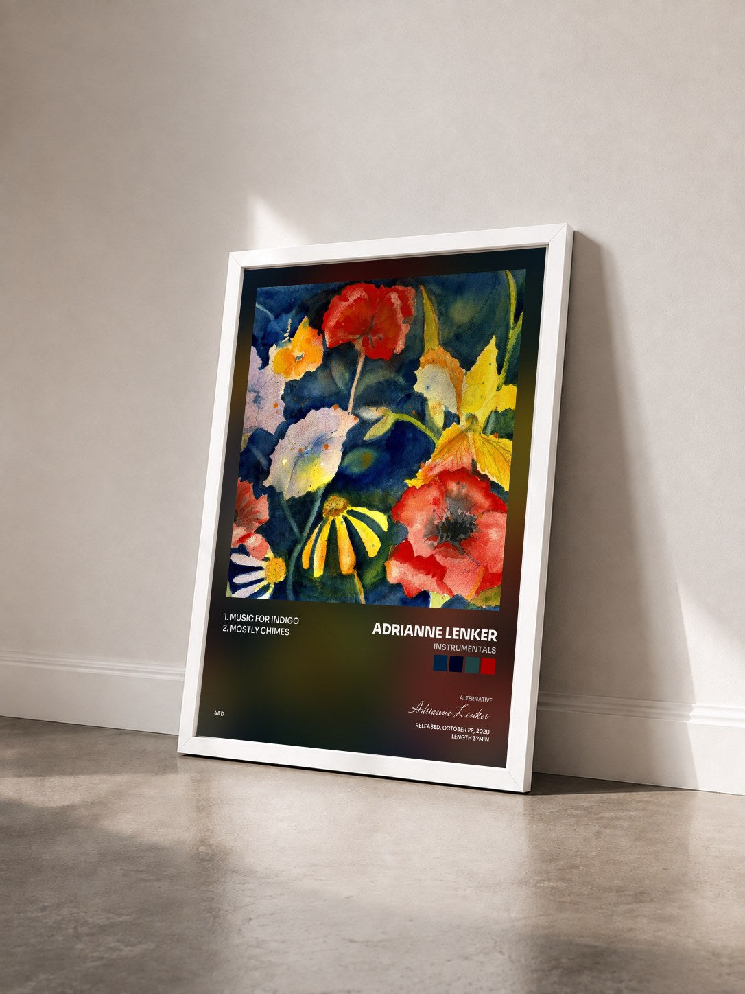 #blanc Tableau de l'album instrumentals de Adrianne Lenker vu de trois quarts, cadre blanc