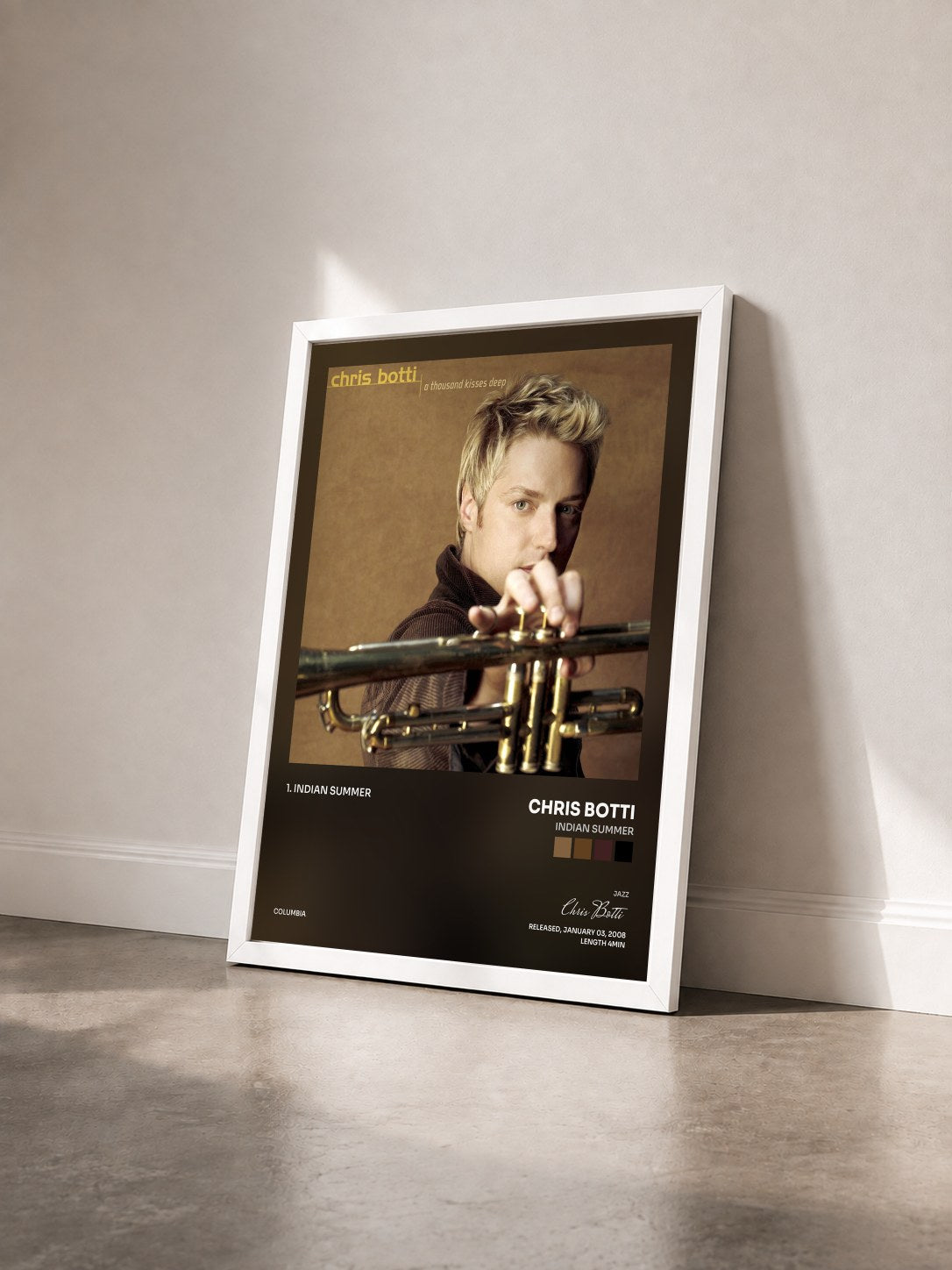#blanc Tableau de l'album Indian Summer de Chris Botti vu de trois quarts, cadre blanc
