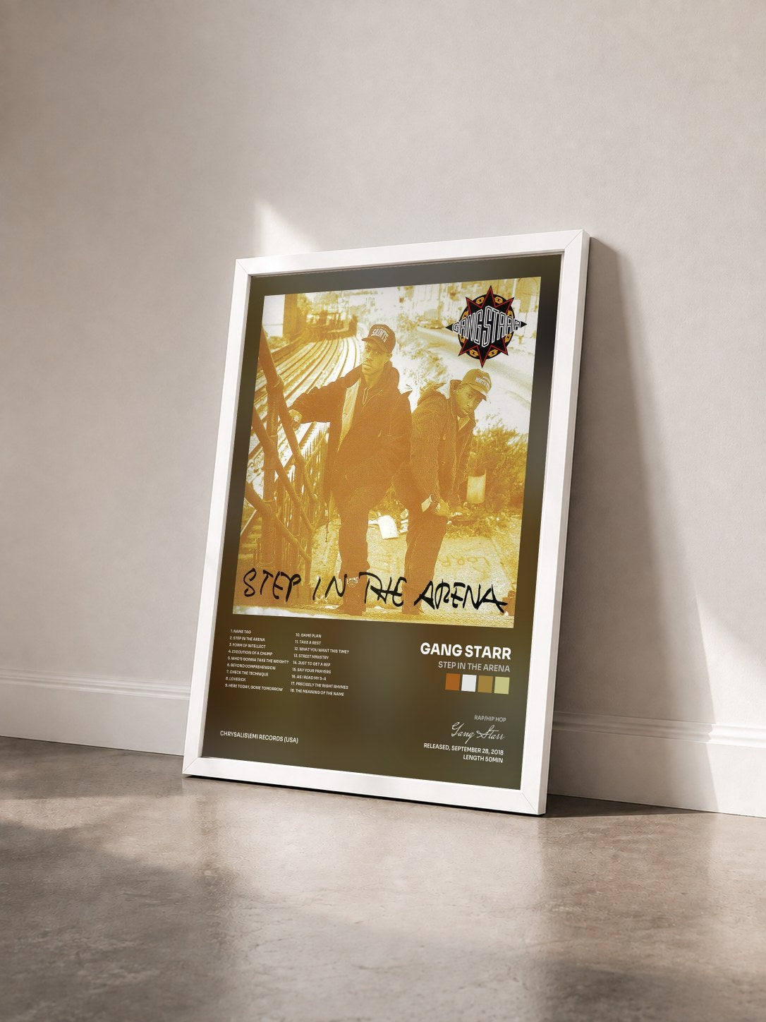 #blanc Tableau de l'album Step In The Arena de Gang Starr vu de trois quarts, cadre blanc
