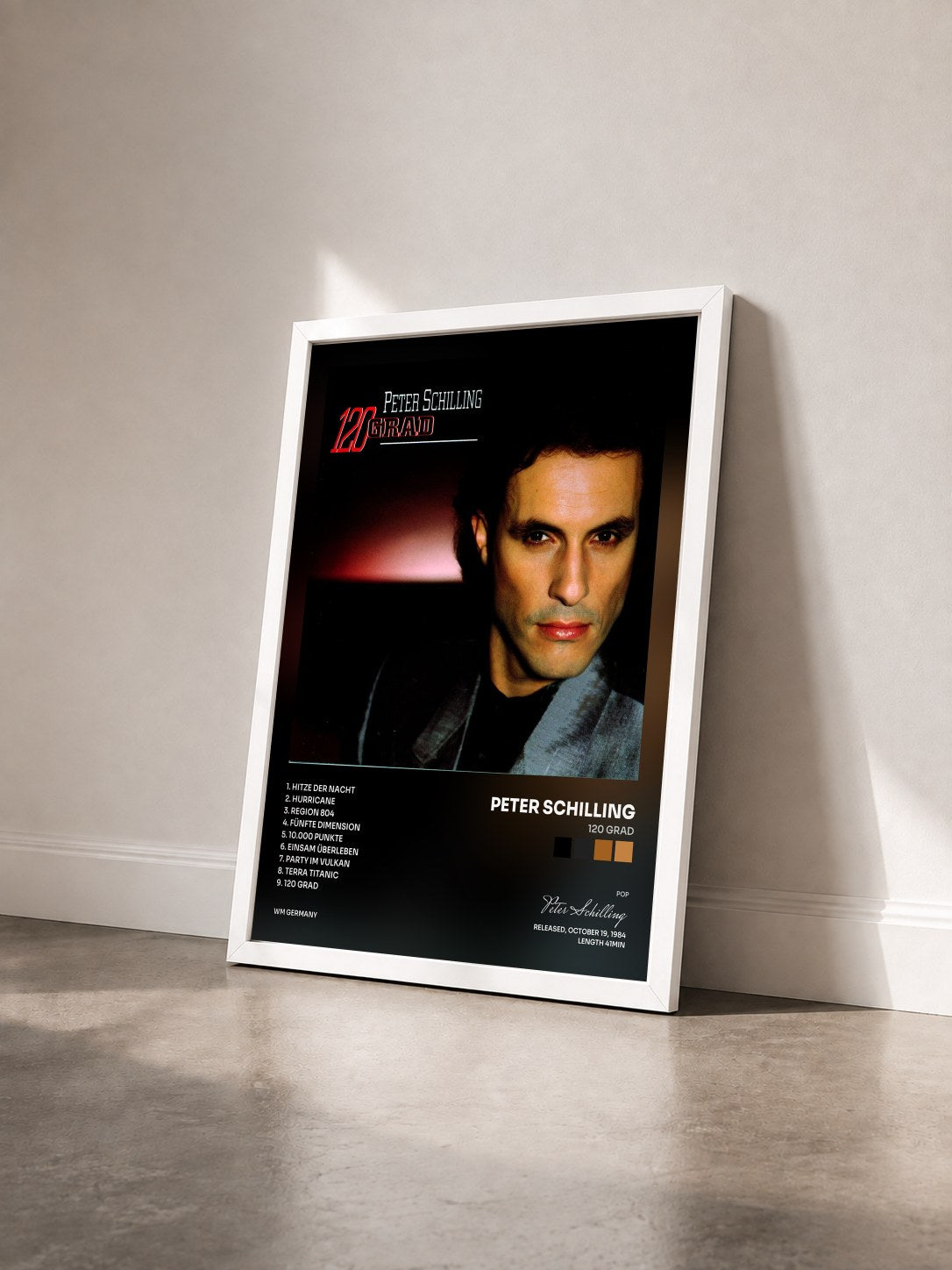 #blanc Tableau de l'album 120 Grad de Peter Schilling vu de trois quarts, cadre blanc