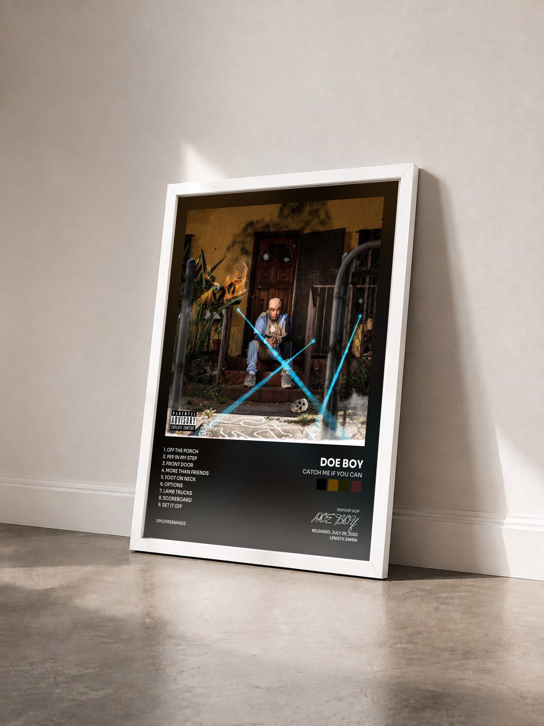 #blanc Tableau de l'album CATCH ME IF YOU CAN de DOE BOY vu de trois quarts, cadre blanc
