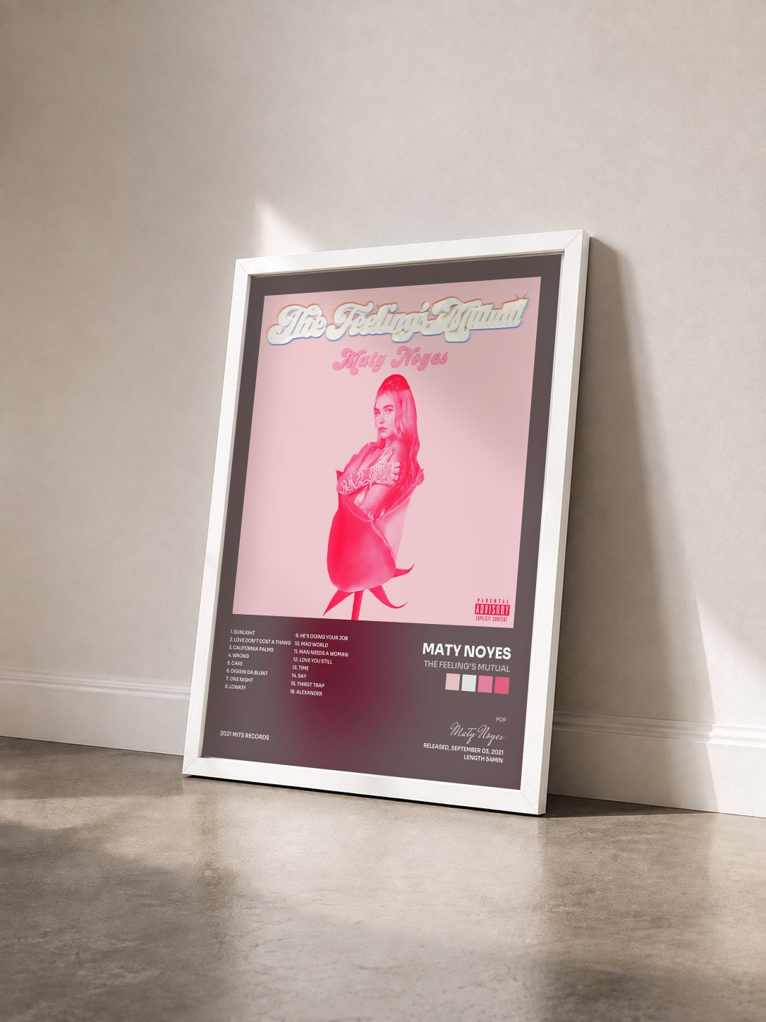 #blanc Tableau de l'album The Feeling's Mutual de Maty Noyes vu de trois quarts, cadre blanc