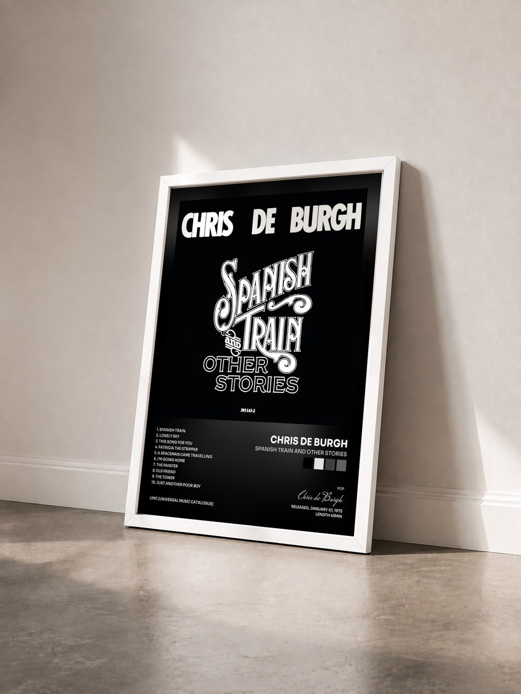 #blanc Tableau de l'album Spanish Train And Other Stories de Chris de Burgh vu de trois quarts, cadre blanc